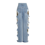 woloong  Irregular Streetwear Holes Patchwork Colorblock Jeans Female High Waist Wide Leg Pants For Women Autumn Style