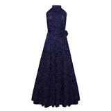 Polka Dots Vintage Women Summer Halter Maxi Boho Dress Sleevless Navy Blue Floral Print Long Sash Beige A-line Beach Casual Robe
