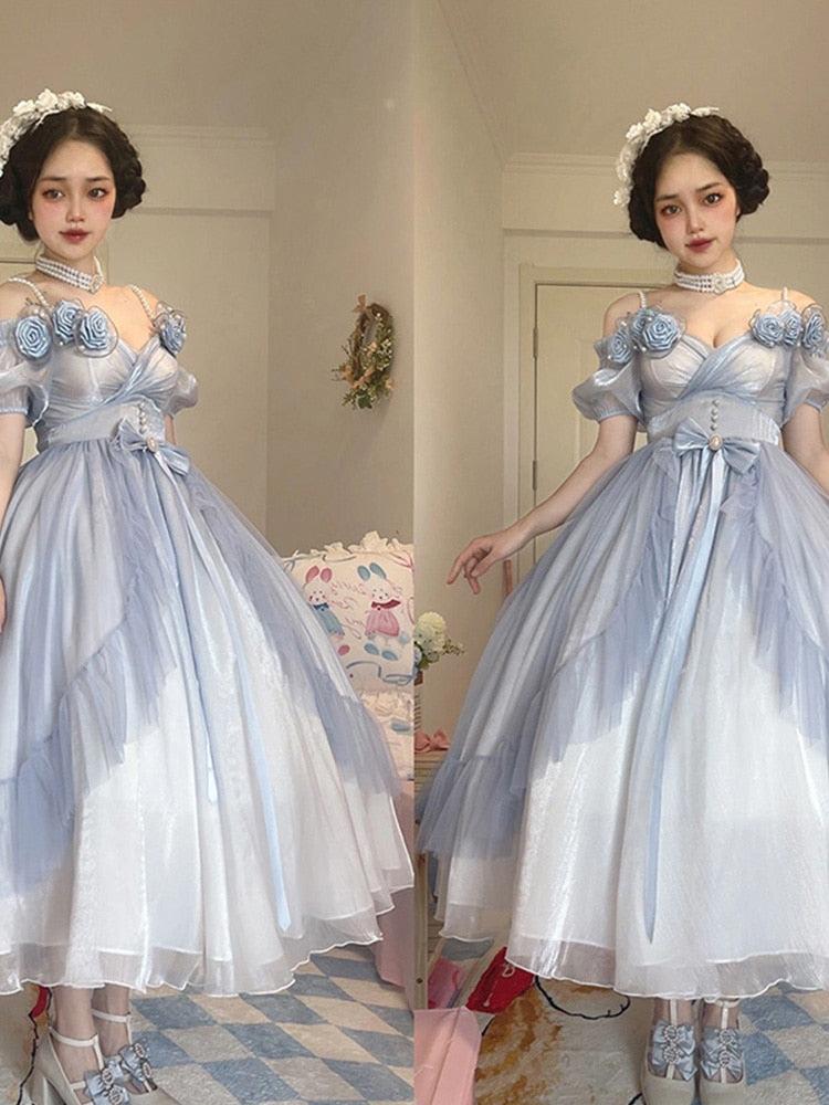 Flower Wedding Lolita Dress Light Gradient Blue Rose Fairy Princess Kawaii Sweet Elegant Lolitas Tea Party Dresses Victorian