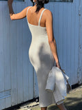 Elegant White Knitted Midi Dress Summer 90s Vintage Spaghetti Straps Wrap Bodycon Dresses Party Beach Backless Sundress