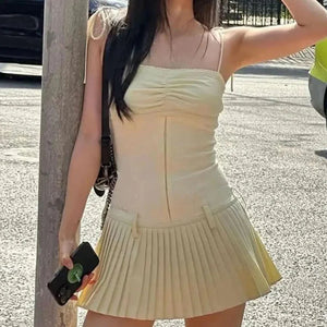90s Vintage Elegant Corset Mini Dress Fairy Cottage Spaghetti Strap Slim Fit Pleated Skirt Y2K Aesthetic Chic Women Streetwear