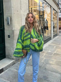 Green Stripe Crochet Knitted Cardigan Sweater Women's Lantern Sleeve Oversize Cardigan Coat Autumn Fashion Lady Streetwear