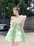 woloong  French Ruffled Dress Sweet Off Shoulder Women's Summer Sleeveless Short Floral Dress Party High Waist A-line Fairy Dress Vestido
