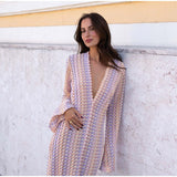 Patchwork Deep V-neck Women's Knit Dress Casual Full Flare Sleeve Crocheted Slit Long Dresses Female Autumn Party Vestidos