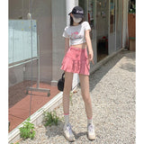 Woloong Sweet Spicy Pink Denim Mini Pleated Skirt Women High Waist American Design A-line Skirt Summer Fashion Casual Short Skirt