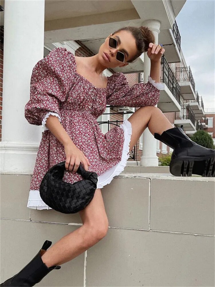 Printed Off-Shoulder Ruffled Mini Dress For women Square Collar Fashion Casual Elegant Party Dress Evening Mini Dress