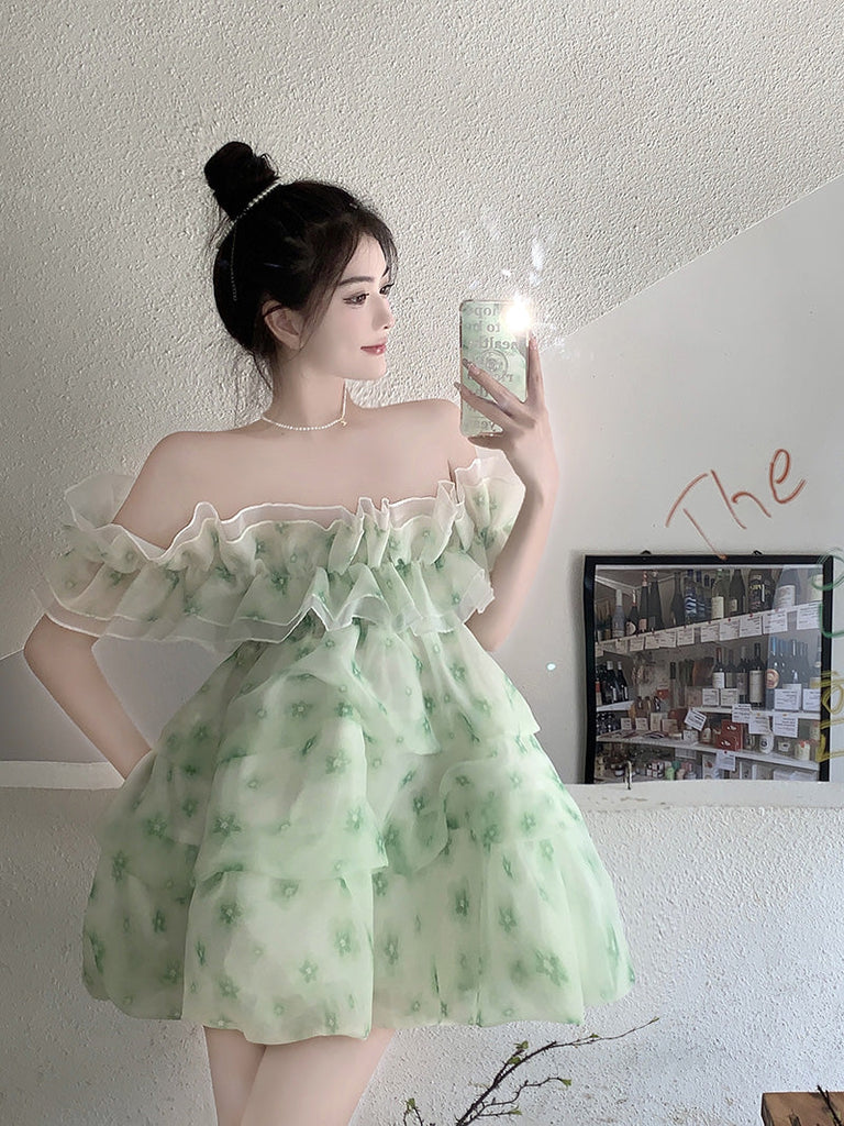 woloong  French Ruffled Dress Sweet Off Shoulder Women's Summer Sleeveless Short Floral Dress Party High Waist A-line Fairy Dress Vestido