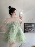 woloong  French Ruffled Dress Sweet Off Shoulder Women's Summer Sleeveless Short Floral Dress Party High Waist A-line Fairy Dress Vestido