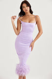 Women's Summer Dress Line Neck Sling Sleeveless Off Shoulder Solid Dress Sexy Backless Tight Purple Feather Dress