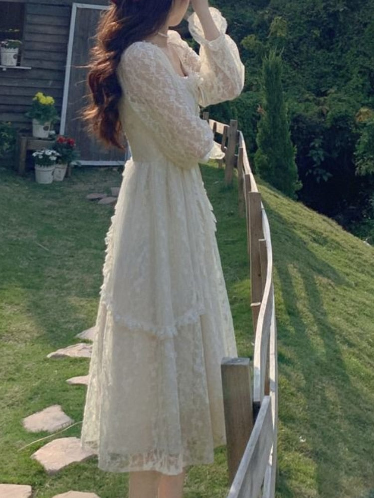 French Vintage Dress Women Summer Long Sleeve Elegant Party Midi Dress Female Casual Retro One Piece Dress Korean Casual