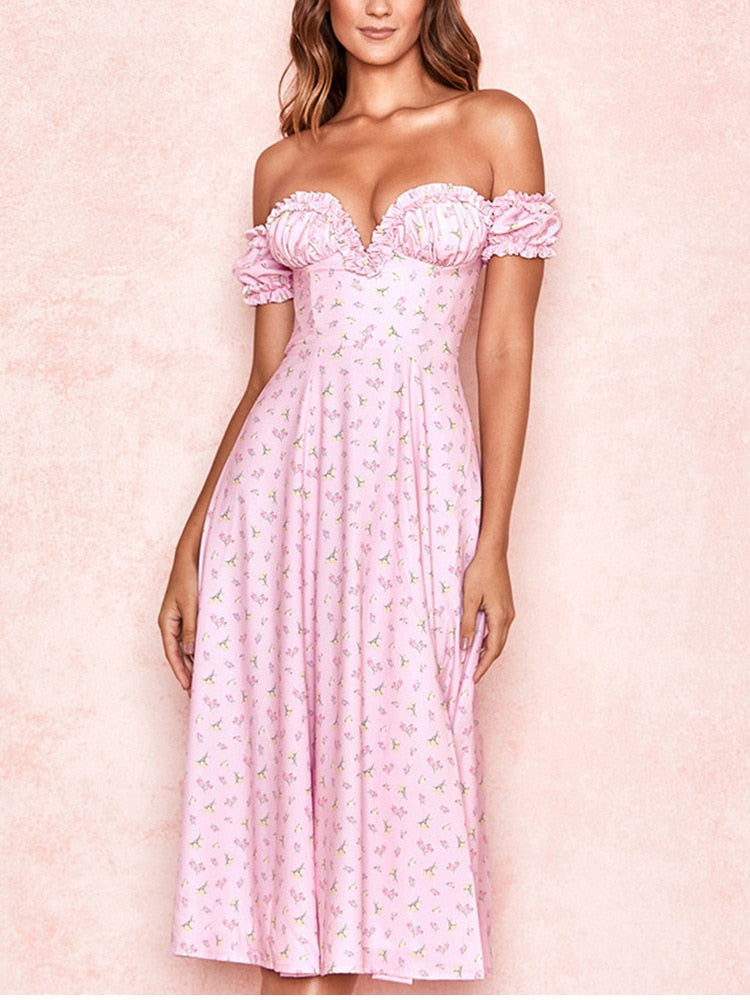 Casual Wear Summer High Quality Sexy Pink Dress Broken Off The Shoulder Backless Printing Dresses Long Skirt Women'S Clothing