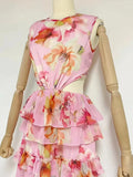Foral Print Backless Dresses For Women Round Neck Sleeveless High Waist Hollow Out Casual Long Dress Female Fashion Clothes