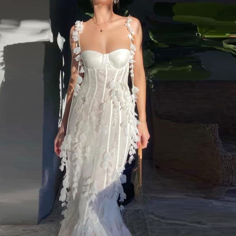 Woloong Party Dresses White Pretty Elegant Mermaid Prom Spaghetti Strap Sleeveless 3D Appliques Women Cocktail Night Gowns Custom Made