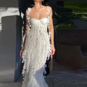 Woloong Party Dresses White Pretty Elegant Mermaid Prom Spaghetti Strap Sleeveless 3D Appliques Women Cocktail Night Gowns Custom Made