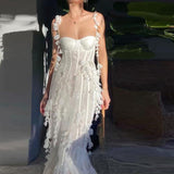 Woloong Party Dresses White Pretty Elegant Mermaid Prom Spaghetti Strap Sleeveless 3D Appliques Women Cocktail Night Gowns Custom Made