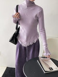 Korean Chic  Autumn Winter Elegant Tassel Spliced Sweater Pullover Women Turtleneck Long Sleeve Black Knitted Jumper
