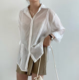 Woloong Chic Loose Long Sleeve Blouse Women Clothing Irregular White Sunscreen Shirt Women  Fashion Casual Button Shirts Tops
