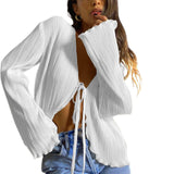 Women Pleated Plain Shirts Spring Fall Chic Long Flare Sleeve V- Neck Tie Up Cardigans Tops for Casual Party Street