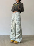 Woloong Cargo Jeans Women Y2k Vintage Distressed Multi-pocket Trousers Winter Fashion Original Streetwear Grunge Baggy Wide Denim Pants