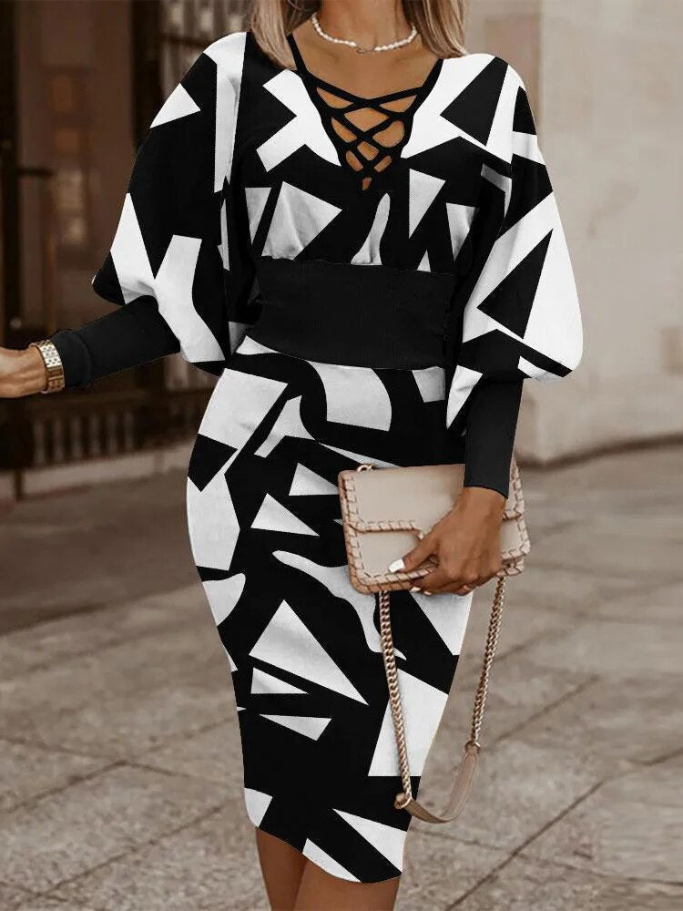 Autumn Winter Ladies Black Print Mid Dress Women Slim Beam Waist Long Sleeve Vestidos Elegant Sexy Hollow Women's Dress