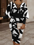 Autumn Winter Ladies Black Print Mid Dress Women Slim Beam Waist Long Sleeve Vestidos Elegant Sexy Hollow Women's Dress