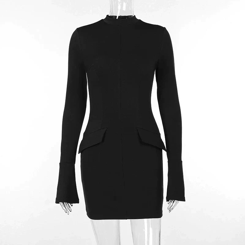 Women Elegant Dark Blue Commuting Mini Dress  Autumn Sexy Pocket Long Sleeve Bodycon Dresses Lady Chic Party Club Robe