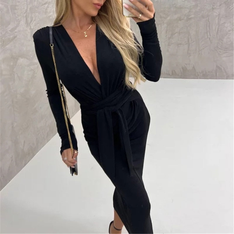Sexy Deep V Strap Bandage Slim Long Dress Autumn Elegant Temperament Evening Party Dresses Velvet Drape Solid Sheath Women Dress