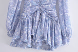 Blue Floral Print Chiffon Mini Dress Women Wood ears Ruffles V neck Open Buttons Slim Ruched Waist Long Sleeve Holiday Robe