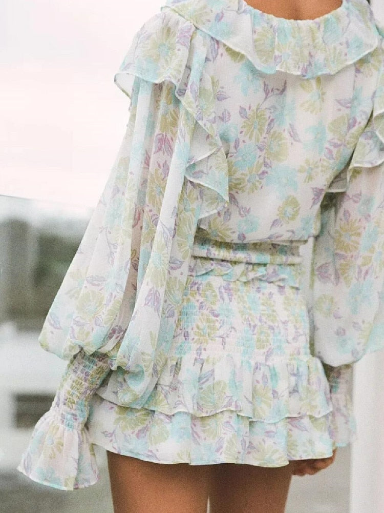 Romantic Full Lantern Sleeve Flower Print Mini Dress Woman Spliced Wood ears Ruffles Hem Elastic Package Hips Holiday Robe