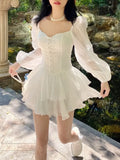 Korean Style Sweet Party Mini Dress Women Green Chiffon France Elegant Dress Female Bubble Sleeve White Casual Fairy Dress