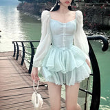 Korean Style Sweet Party Mini Dress Women Green Chiffon France Elegant Dress Female Bubble Sleeve White Casual Fairy Dress