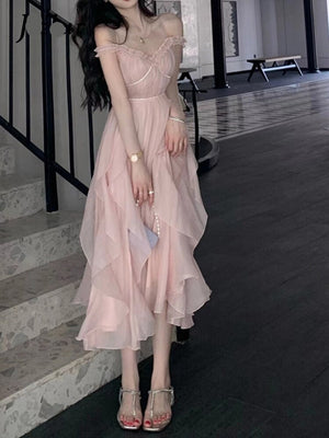 woloong  Pink Corset Midi Dress Women Beach Style Elegant Sexy Strap Dress Party Sweet Fairy One Piece Dress  Summer Chic