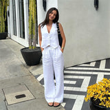 Summer White Linen Two Piece Set For Women Fashion Sleeveless Tank Top Waistcoat Matching High Waist Wide Pants Set