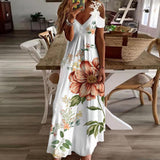 Women Summer Boho Long Dresses Sexy V-Neck Off Shoulder Hollow Out Floral Print Dress Casual Beach Short Sleeve Robe Vestidos