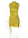 woloong Lace Up Drawstring Ruched Sleeveless Satin Mini Dress Summer Solid Bodycon Sexy Streetwear Party Club Elegant