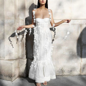 Woloong Party Dresses White Pretty Elegant Mermaid Prom Spaghetti Strap Sleeveless 3D Appliques Women Cocktail Night Gowns Custom Made