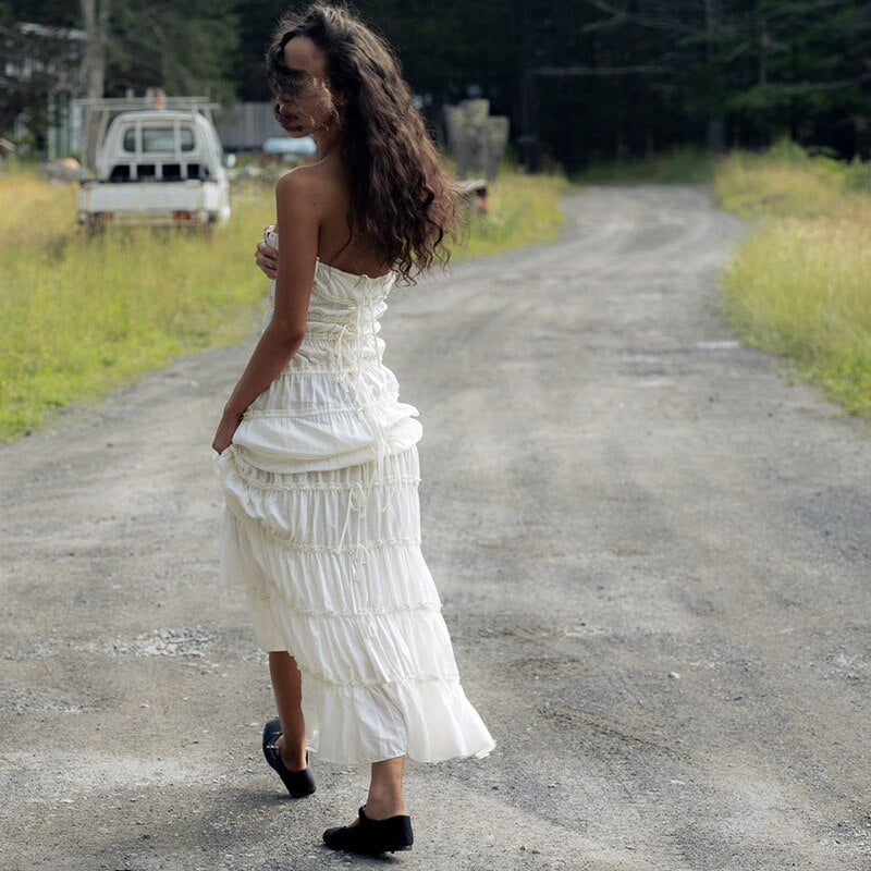 Y2K Vintage Ruffle Tunnel Gown Dress Tie Up Bandage Backless Maxi Long Dresses Women 2000s Retro Fairy Cottage Cocktail Vestidos