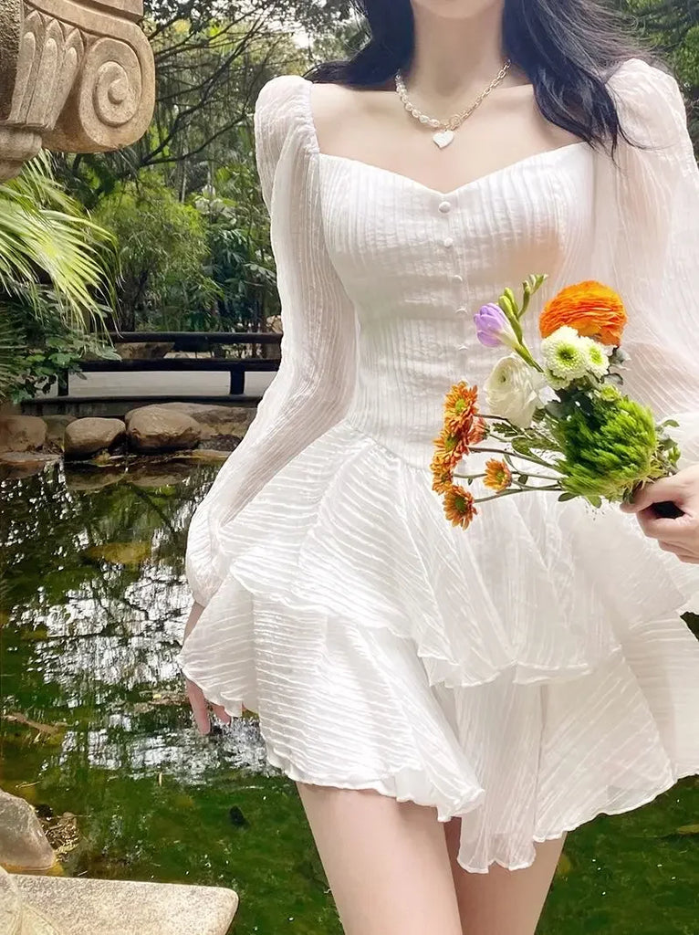 Korean Style Sweet Party Mini Dress Women Green Chiffon France Elegant Dress Female Bubble Sleeve White Casual Fairy Dress