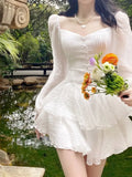 Korean Style Sweet Party Mini Dress Women Green Chiffon France Elegant Dress Female Bubble Sleeve White Casual Fairy Dress