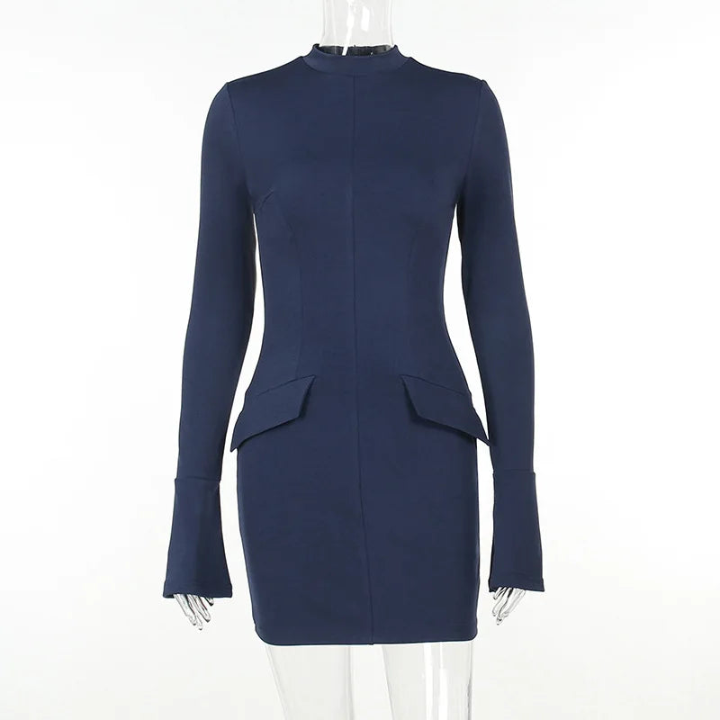 Women Elegant Dark Blue Commuting Mini Dress  Autumn Sexy Pocket Long Sleeve Bodycon Dresses Lady Chic Party Club Robe