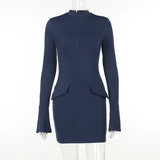 Women Elegant Dark Blue Commuting Mini Dress  Autumn Sexy Pocket Long Sleeve Bodycon Dresses Lady Chic Party Club Robe