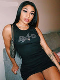woloong Sleeveless Sequined Letter Print Sexy Mini Dress Summer Women Fashion Streetwear Outfits Y2K Party Clothing