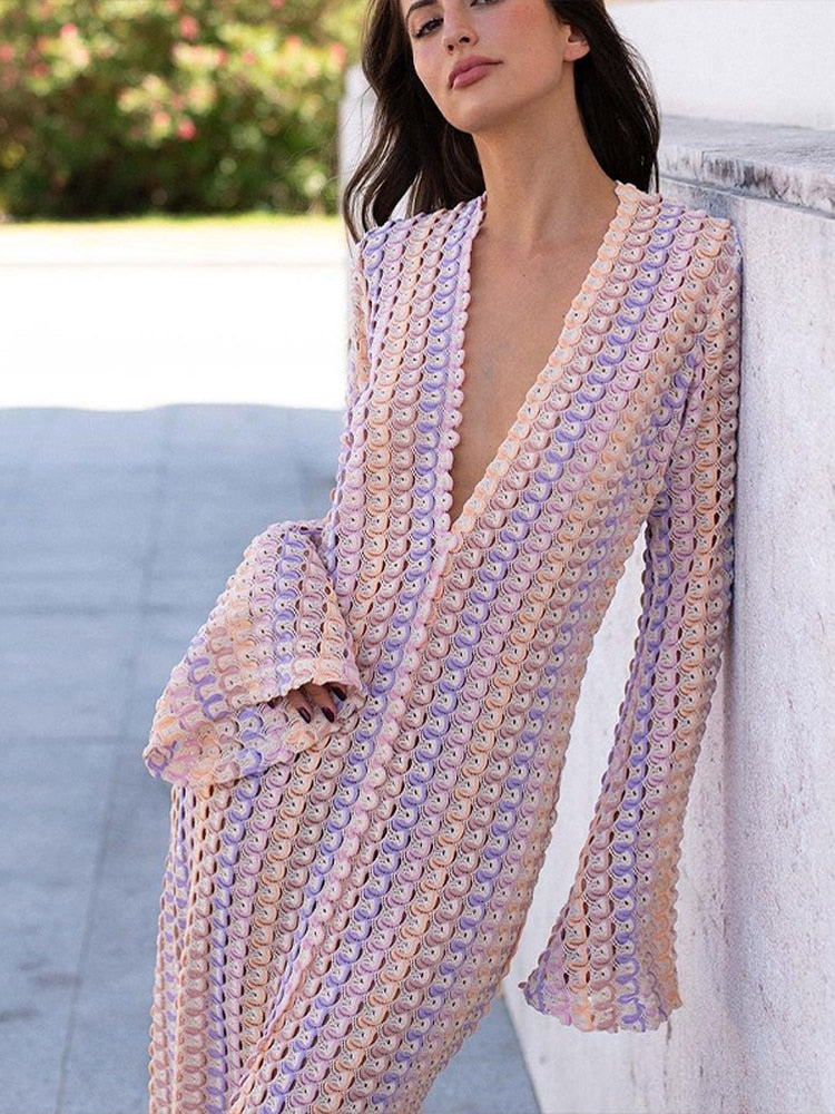 Patchwork Deep V-neck Women's Knit Dress Casual Full Flare Sleeve Crocheted Slit Long Dresses Female Autumn Party Vestidos