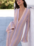 Patchwork Deep V-neck Women's Knit Dress Casual Full Flare Sleeve Crocheted Slit Long Dresses Female Autumn Party Vestidos