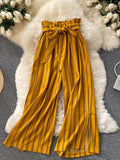 Woloong Summer New Fashion All-match Women's Casual Pants Retro Striped Color Slim Long Slit Wide Leg Pants DK1053