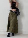Patchwork Double Belt Skirts For Women Dropped Waist Spliced Pockets Vintage A Line Skirt Female Fashion Clothing