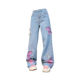 Woloong Women's Blue Butterfly Jeans Baggy Vintage Y2k Denim Trousers 2000s Harajuku Wide Leg Cowboy Pants Trashy 90s Aesthetic Clothes