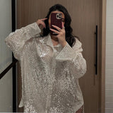 Aieru Sequins Blouse Shirts Long Sleeve Top Button Up Shirt Y2K Vintage Women Clothing Club Party Glitter Top Female Collared Shirt