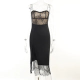 90s Vintage Lace Patchwork Split Midi Dress Chic Women Sexy Backless Spaghetti Strap Dresses Birthday Party Night Streetwear