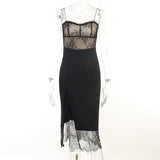 90s Vintage Lace Patchwork Split Midi Dress Chic Women Sexy Backless Spaghetti Strap Dresses Birthday Party Night Streetwear